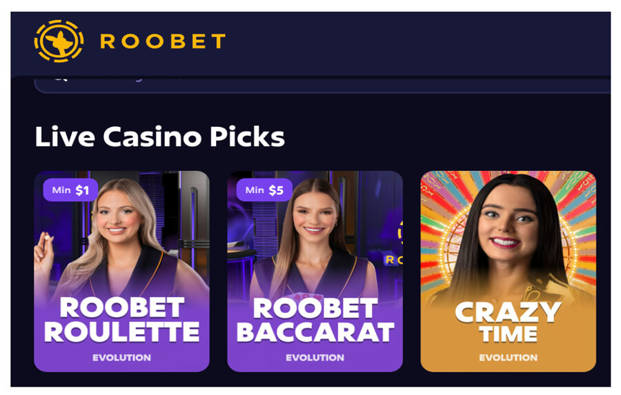 A screenshot of the live casino page on Roobet